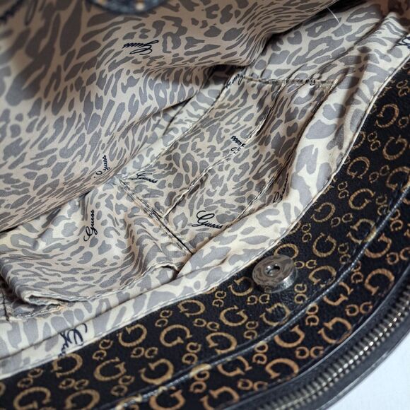 Guess Logo Satchel Handbag Tote Large Multiple Compartments Coasted Canvas Black - Picture 7 of 16